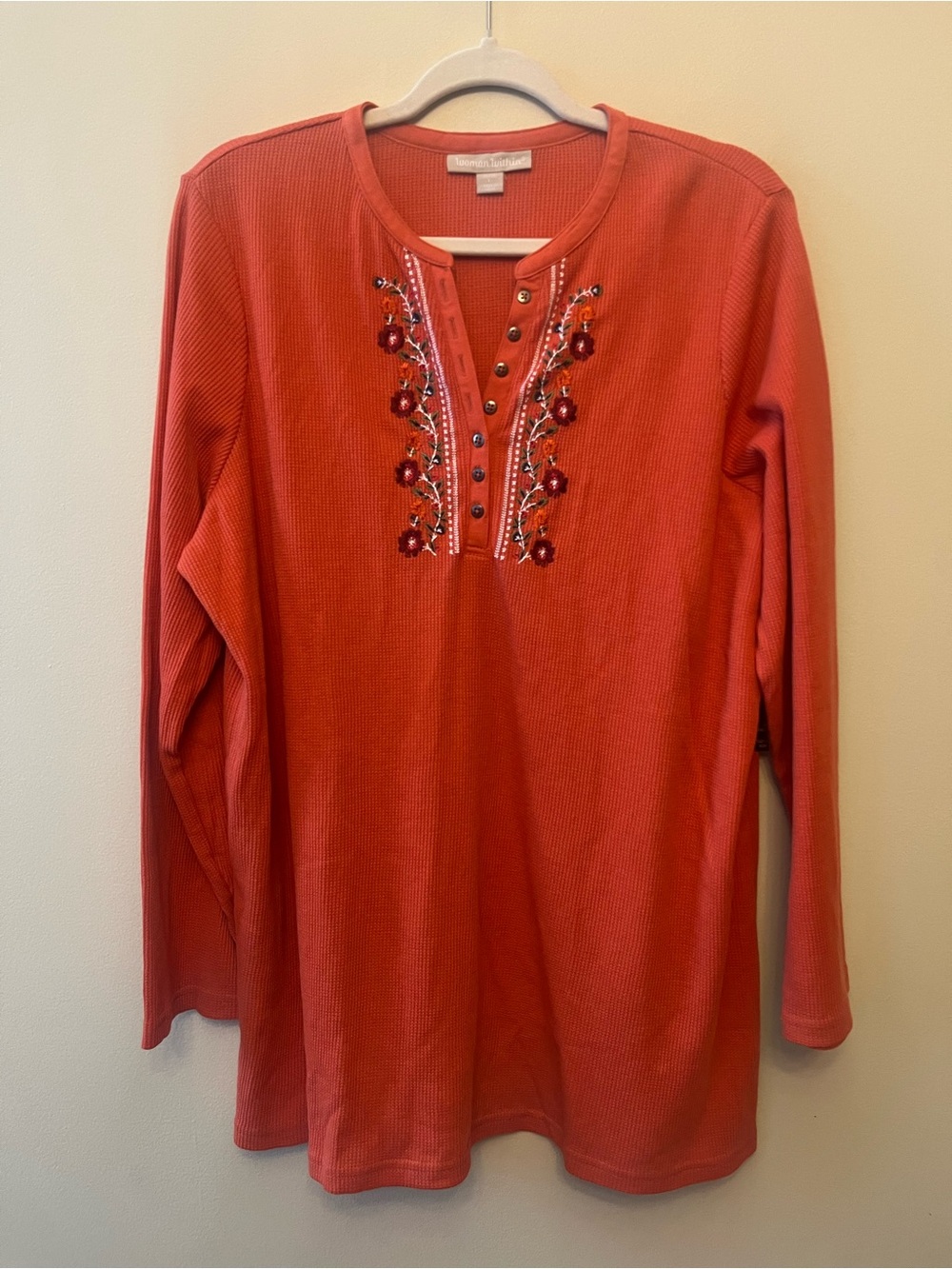 NWT Woman Within Waffle Knit Embroidered Henley Women's Size Large Fall